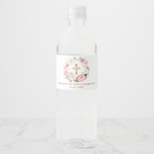 Pink floral wreath First Communion Water Bottle Label
