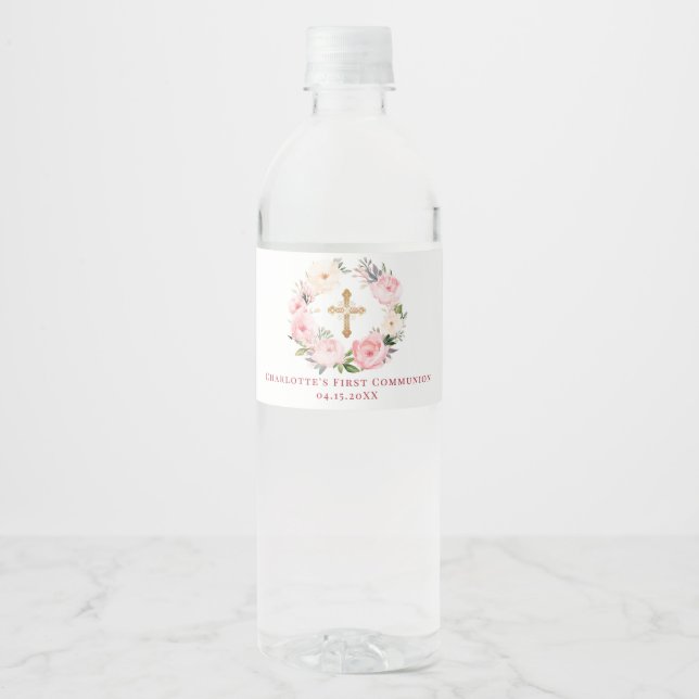 Pink floral wreath First Communion Water Bottle Label (Front)