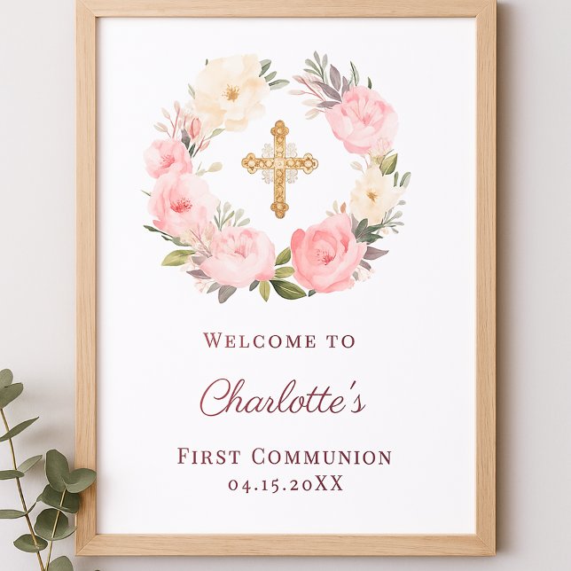 Pink floral wreath First Communion welcome Poster (Creator Uploaded)