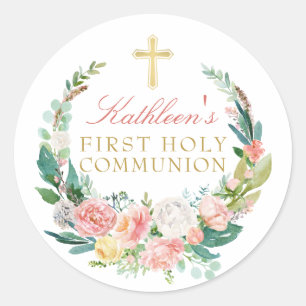 Pink Floral Wreath First Holy Communion Classic Round Sticker