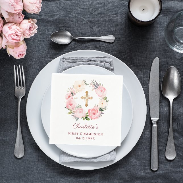 Pink floral wreath girl First Communion Napkin (Creator Uploaded)