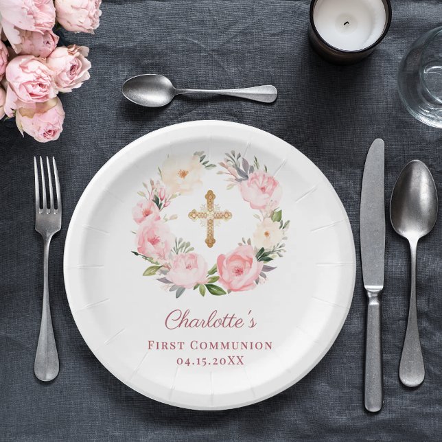 Pink floral wreath girl First Communion Paper Plate (Creator Uploaded)