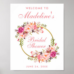 Pink Floral Wreath Gold Bridal Shower Welcome Poster