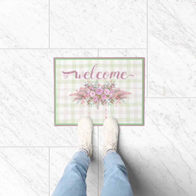 Pink Floral Wreath Green Gingham Doormat (Indoor)