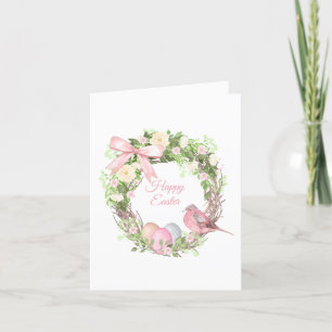 Pink Floral Wreath Happy Easter  Holiday Card