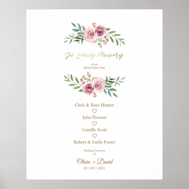 Pink Floral Wreath In Loving Memory Wedding Table Poster (Front)