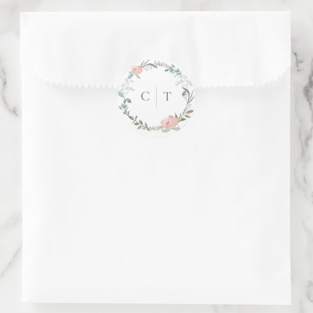 Pink Floral Wreath Initials Round Wedding Sticker (Bag)