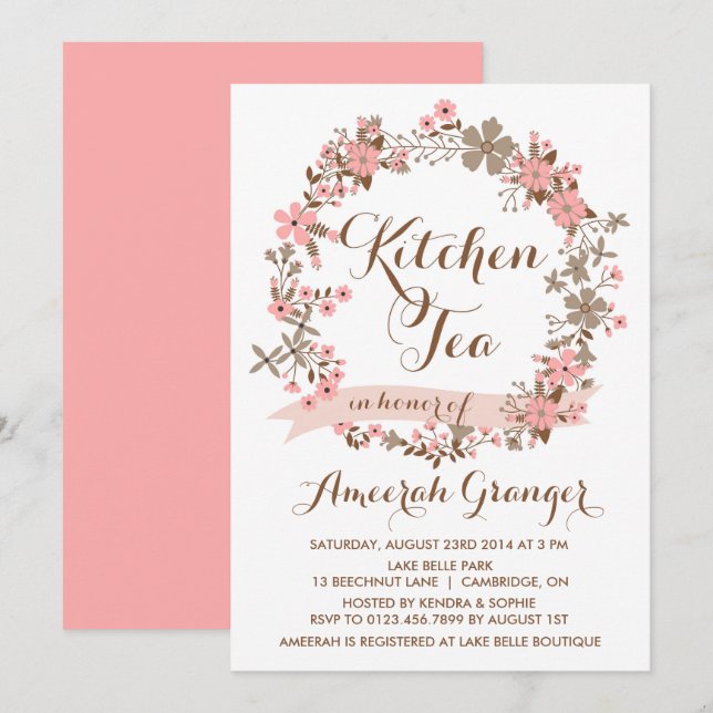 Pink Floral Wreath Kitchen Tea Party Invitation (Front/Back)