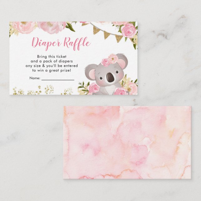 Pink Floral Wreath Koala Baby Shower Diaper Raffle Enclosure Card (Front/Back)