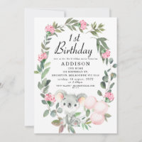 Pink Floral Wreath Koala Bear Birthday Invitation