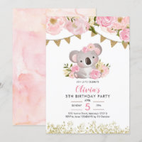 Pink Floral Wreath Koala Birthday Invitation