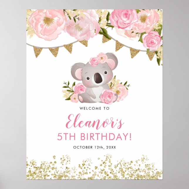 Pink Floral Wreath Koala Kid's Birthday Welcome Poster (Front)