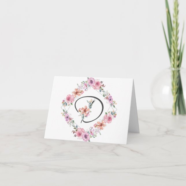 Pink Floral Wreath Letter D Note Card (Front)