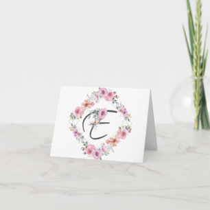 Pink Floral Wreath Letter E Note Card