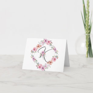Pink Floral Wreath Letter K Note Card