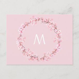Pink floral wreath letter monogram postcard