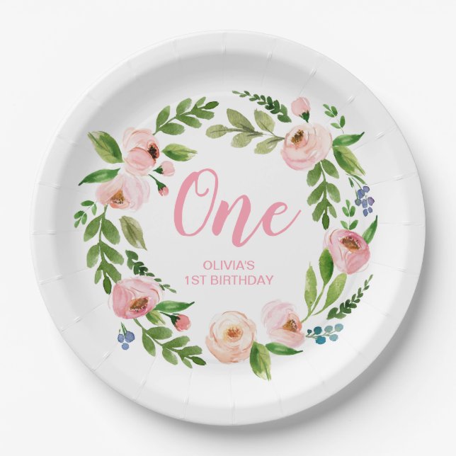 Pink Floral Wreath Monogram Birthday Party Plates (Front)
