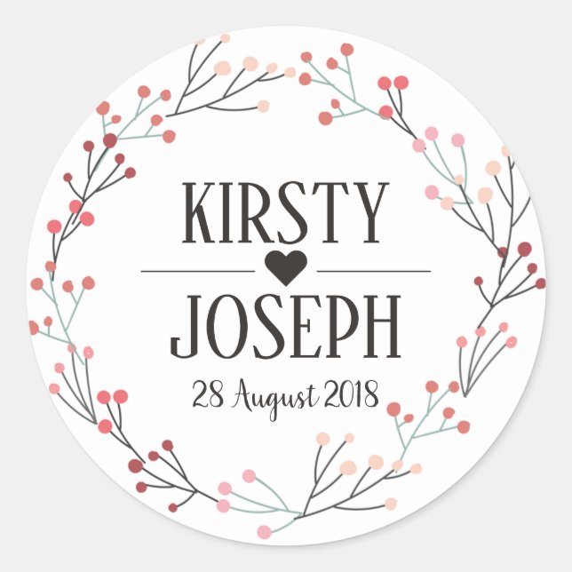 Pink Floral Wreath Monogram Gold Wedding Sticker (Front)