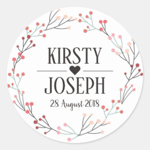 Pink Floral Wreath Monogram Gold Wedding Sticker