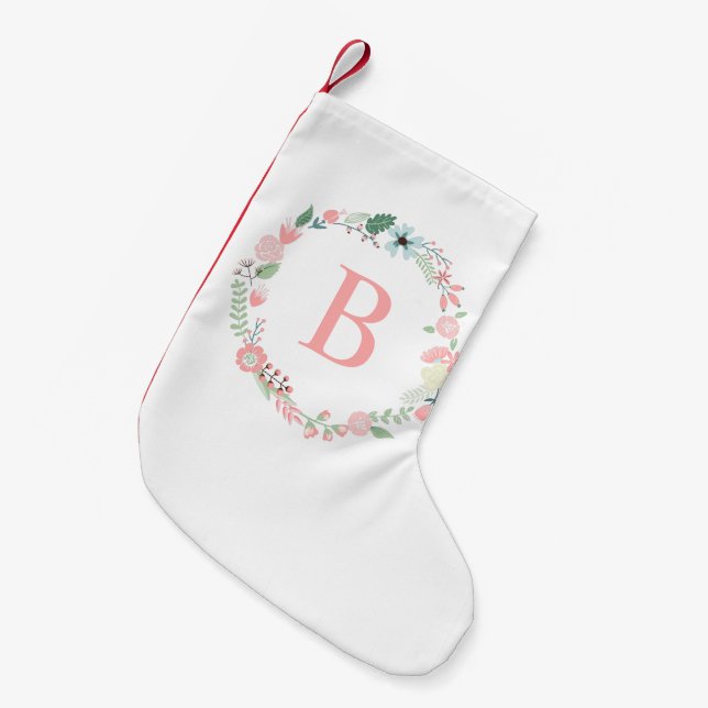 Pink Floral Wreath Monogram Small Christmas Stocking (Front (Hanging))