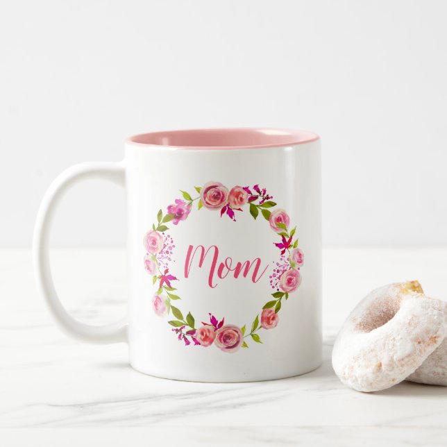 Pink Floral Wreath Mother's Day Gift for Mum Two-Tone Coffee Mug (With Donut)