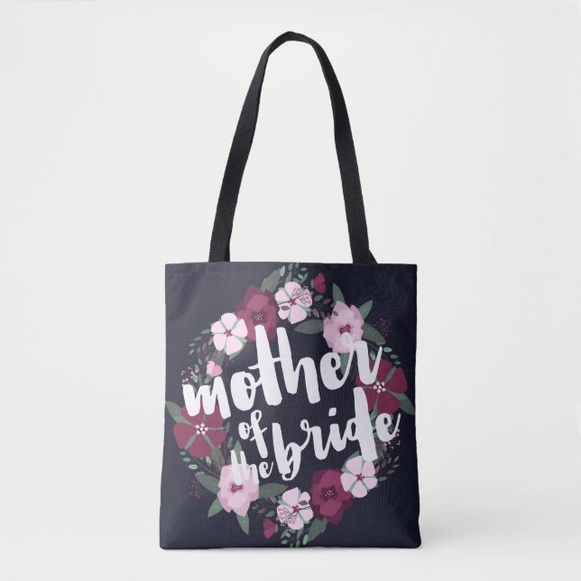 Pink Floral Wreath Navy Blue Mother of the Bride Tote Bag (Front)