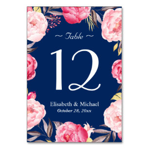 Pink Floral Wreath Navy Blue Wedding Table Number