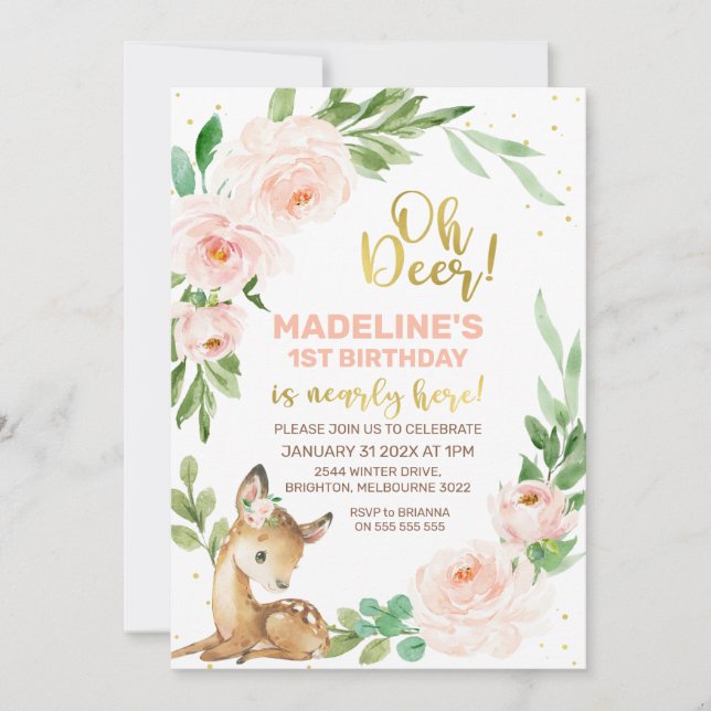 Pink Floral Wreath Oh Deer Birthday Invitation (Front)