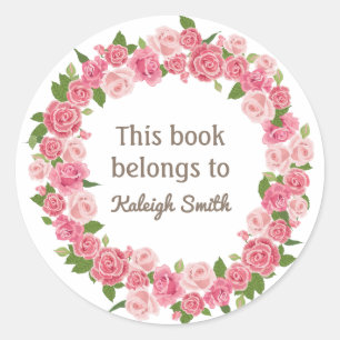 Pink Floral Wreath on White Book Name Plate Classic Round Sticker