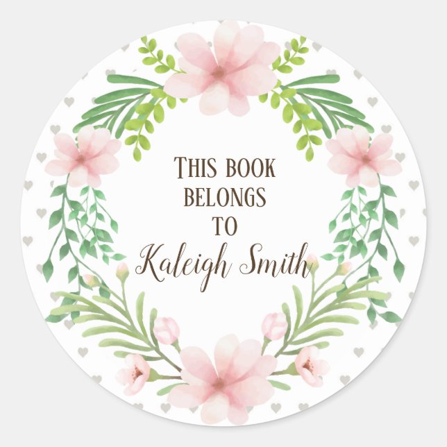Pink Floral Wreath on White with Grey Hearts Classic Round Sticker (Front)