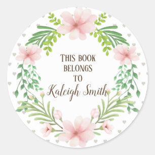 Pink Floral Wreath on White with Grey Hearts Classic Round Sticker