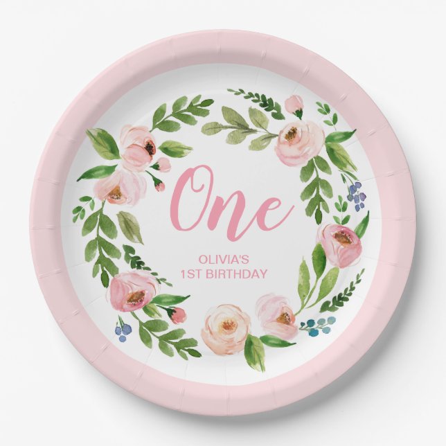 Pink Floral Wreath Peony 1st Birthday Party Paper Plate (Front)