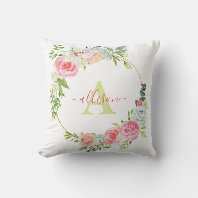Pink floral wreath personalised cushion (Front)