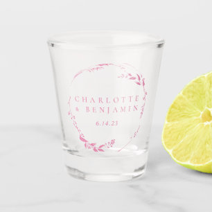 Pink Floral Wreath Personalised Wedding Date  Shot Glass
