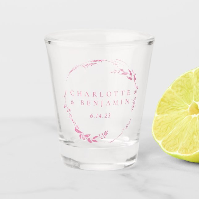 Pink Floral Wreath Personalised Wedding Date  Shot Glass (Front)