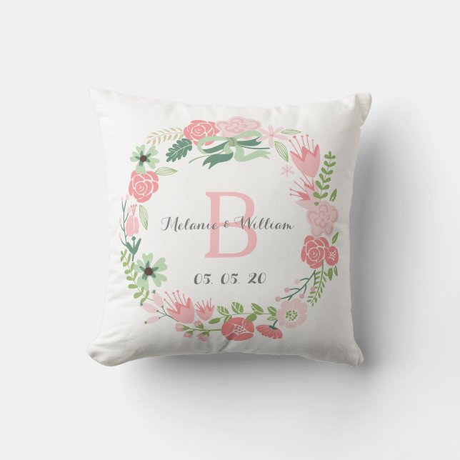 Pink Floral Wreath Personalised Wedding Pillow (Front)