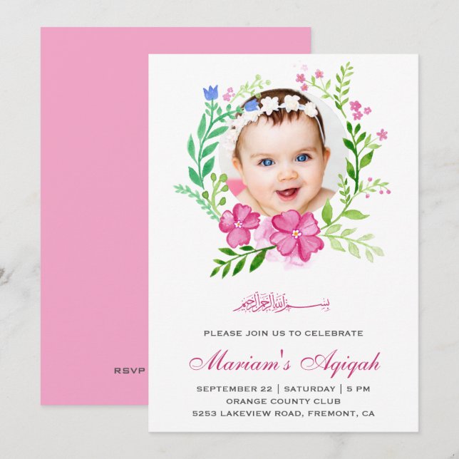 Pink Floral Wreath Photo Baby Girl Aqiqah Invitation (Front/Back)