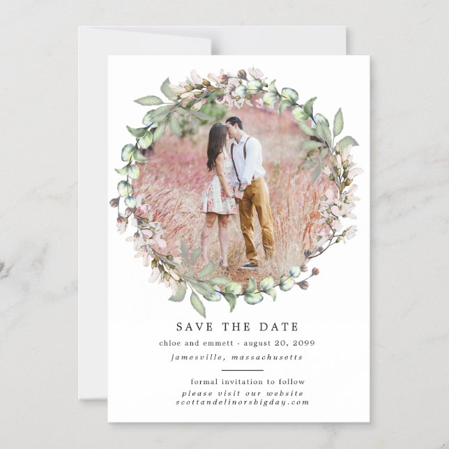 Pink Floral Wreath Save the Date Magnetic Card (Front)