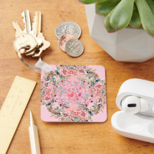 Pink Floral Wreath, Soft Botanical Romance Key Ring