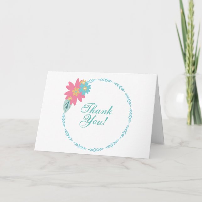 Pink Floral Wreath Thank You Business Wedding Card (Front)