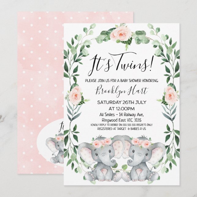 Pink Floral Wreath Twin Elephant Baby Shower Invitation (Front/Back)