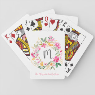 Pink floral wreath watercolor family monogram playing cards