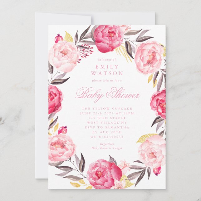 Pink Floral Wreath Watercolor Girl Baby Shower Invitation (Front)