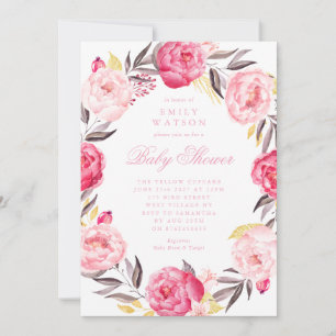 Pink Floral Wreath Watercolor Girl Baby Shower Invitation