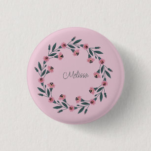 Pink Floral Wreath Watercolor Rose Wildflower 3 Cm Round Badge