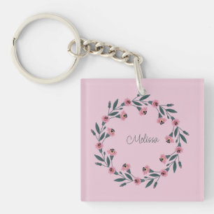 Pink Floral Wreath Watercolor Rose Wildflower Key Ring