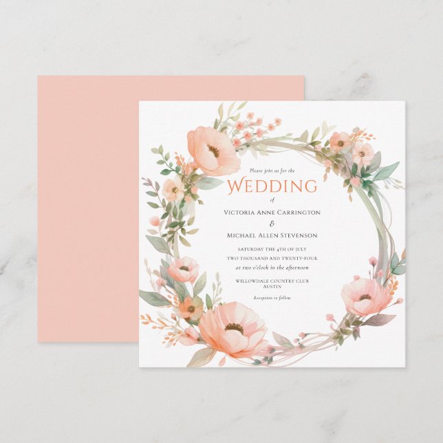 Pink Floral Wreath Wedding Invitation (Front/Back)