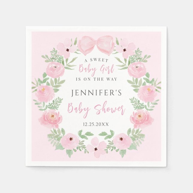 Pink floral wreath with cute bow baby girl shower napkin (Front)