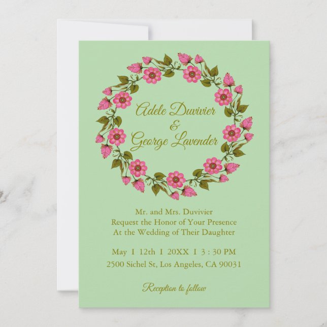 Pink Floral Wreaths  I  Wedding Invitation (Front)
