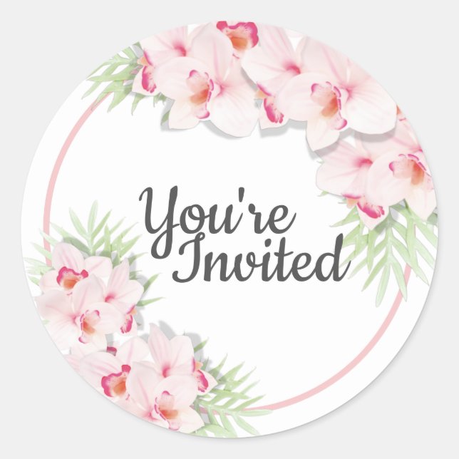 Pink Floral You’re Invited Classic Round Sticker (Front)